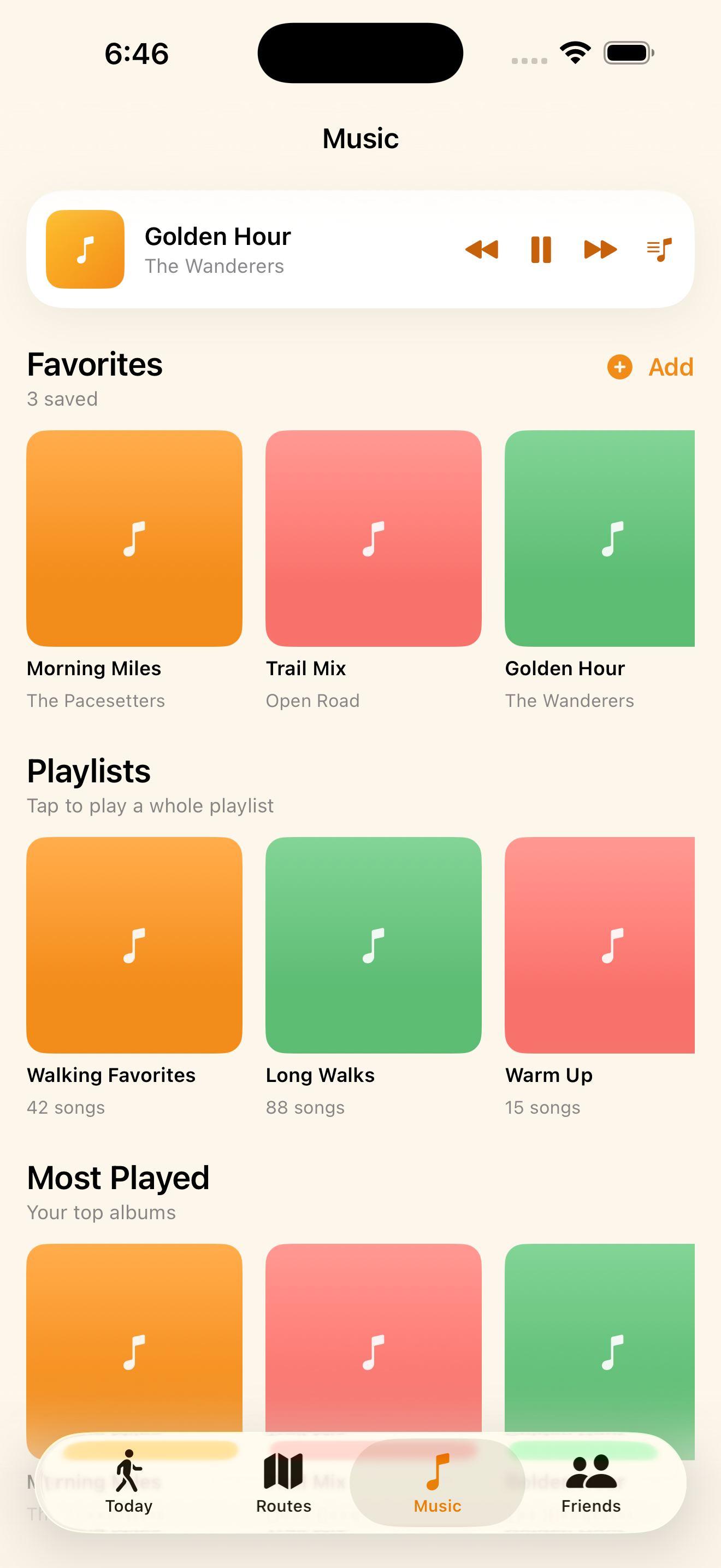 StepHive — Music tab with favorite albums, playlists and top songs