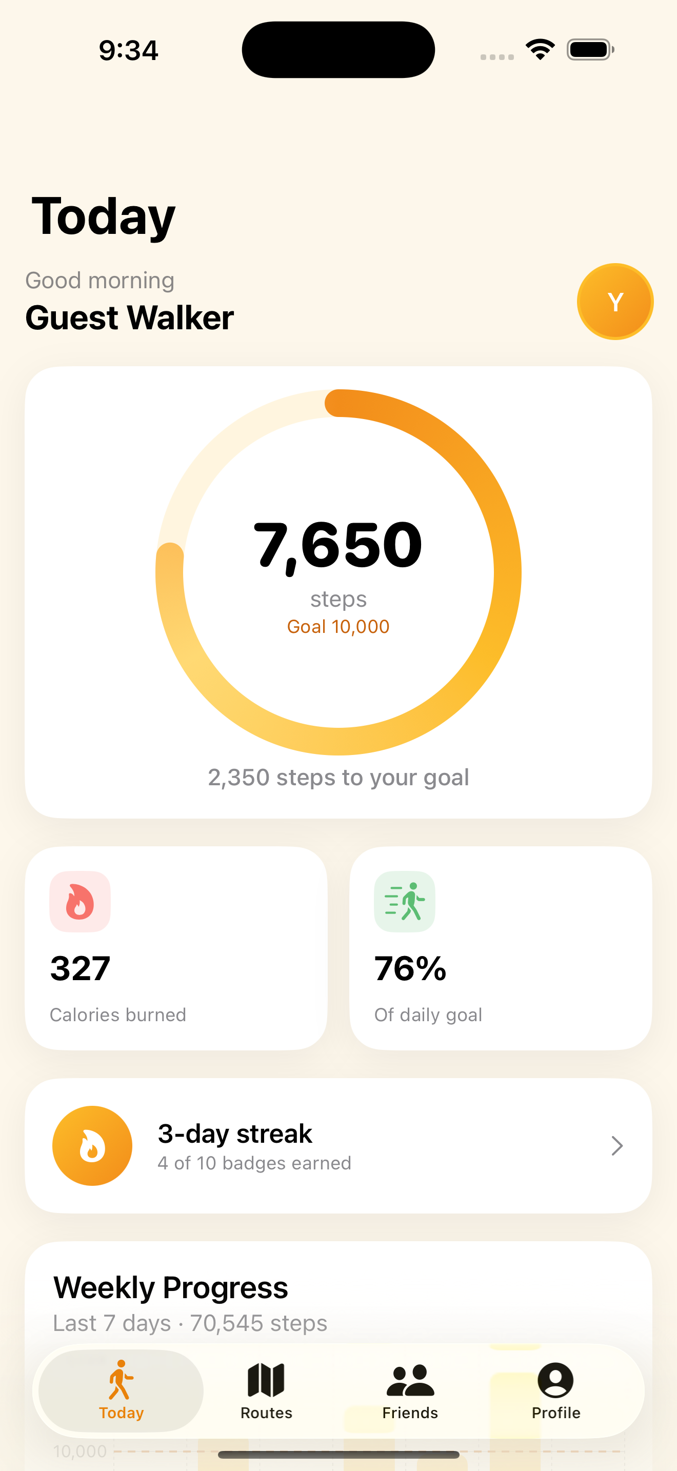 StepHive — Today screen with steps, goal ring and streak